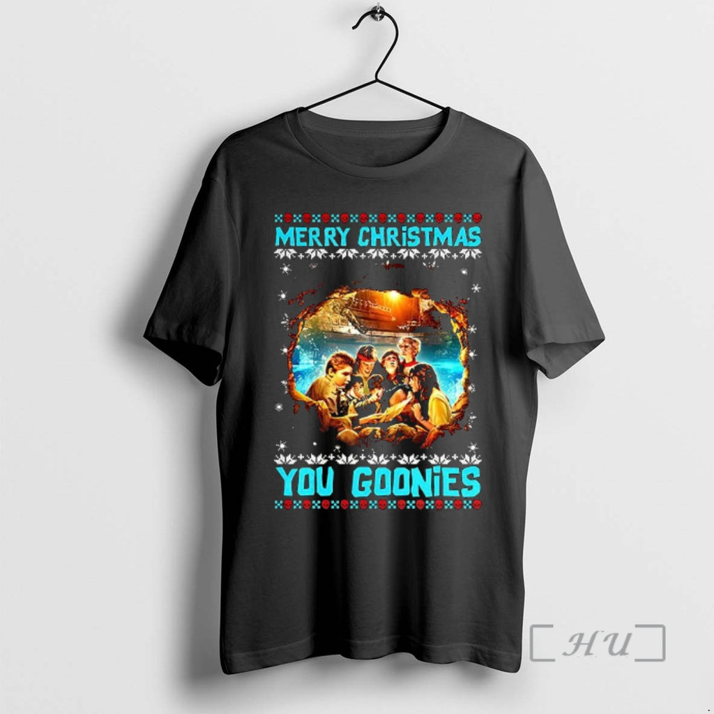 Officials Merry Christmas You Goonies Classic Adventure Ugly Xmas T-Shirts, Hoodie, Sweatshirt | RetroVerseTees.com