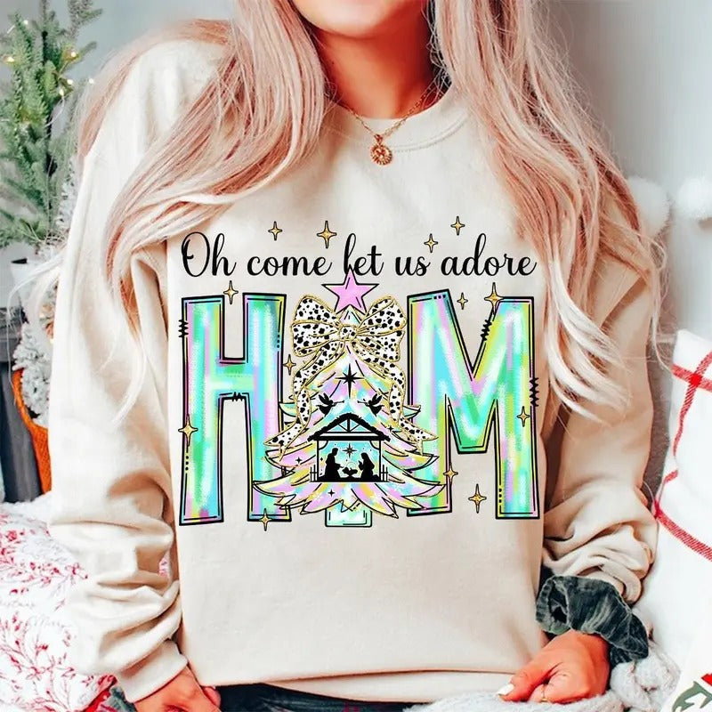 Oh Come Let Us Adore Him Neon Color Coquette Bow Christmas Tree Sweater, Christmas Jesus, Iridescent Christian Christmas,...