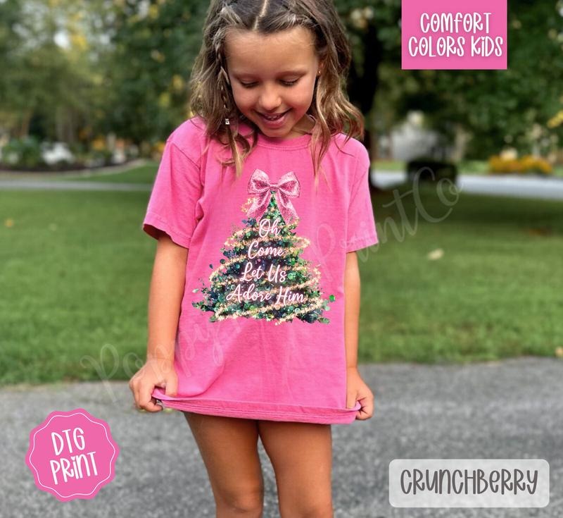 Oh Come Let Us Adore Him Pink Glitter Youth Comfort Colors Tshirt, Christmas Tee for Kids Hoodie, Sweatshirt