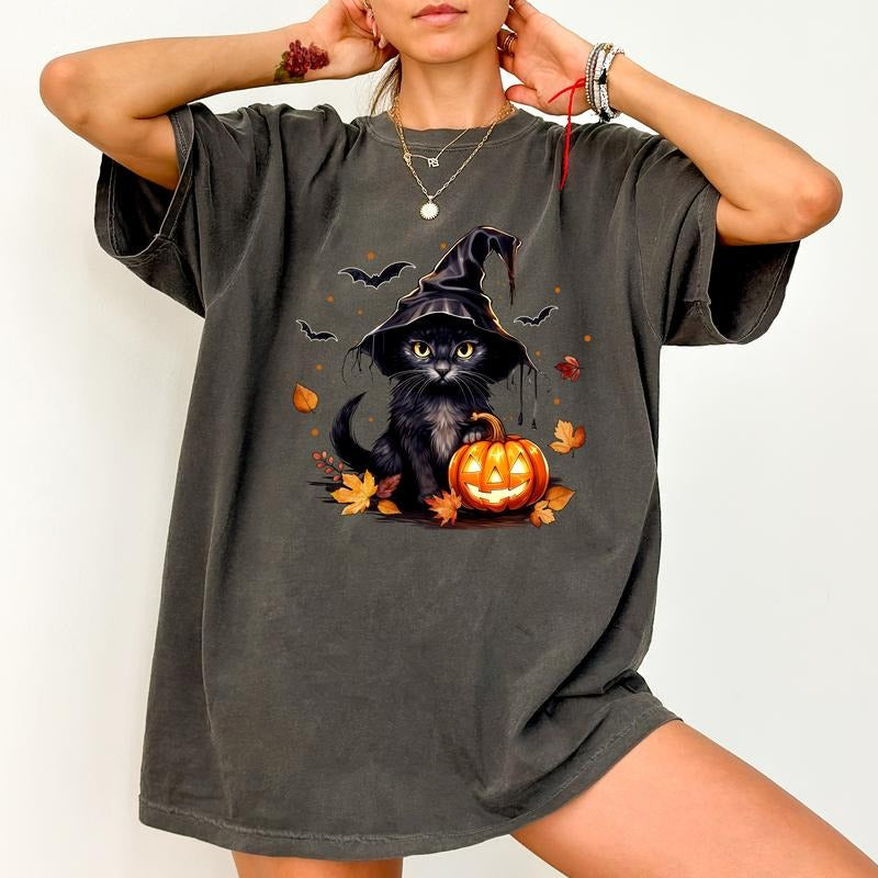 Old School Black Cat Comfort Colors Shirt, Jack O Lantern Pumpkin Halloween Graphic Tee, Spooky Season Unhinged Shirt,...