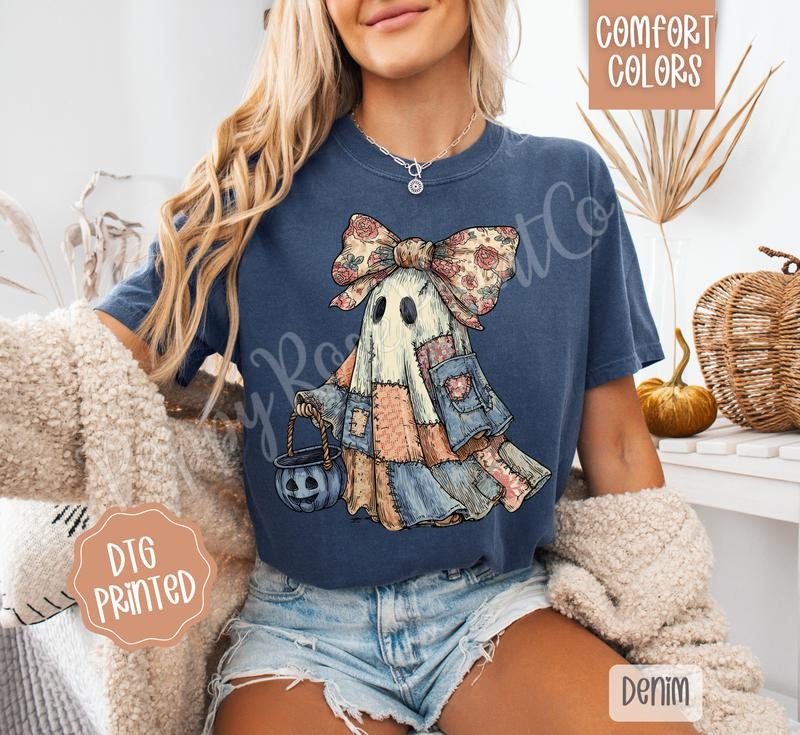 Patchwork Ghost Comfort Colors, Trendy Women's Halloween Tshirt Hoodie, Sweatshirt | RetroVerseTees.com