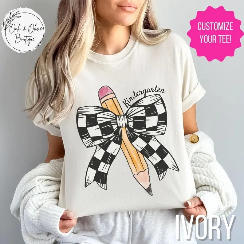 Personalized Back to School Teacher T- Shirt, Retro Teacher Coquette Pencil Bow Tee, First Day of School Teacher Gift...