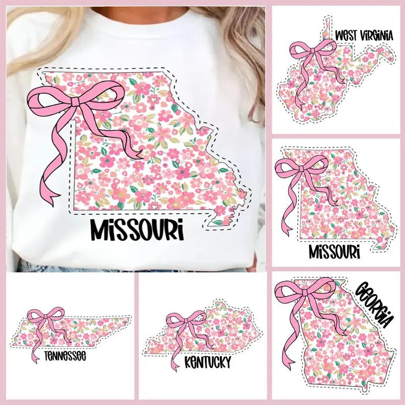 Personalized Bundle State Floral Coquette Tennessee T-shirt, Texas Floral, Women's Fashion T-shirt, Coquette State Bow...
