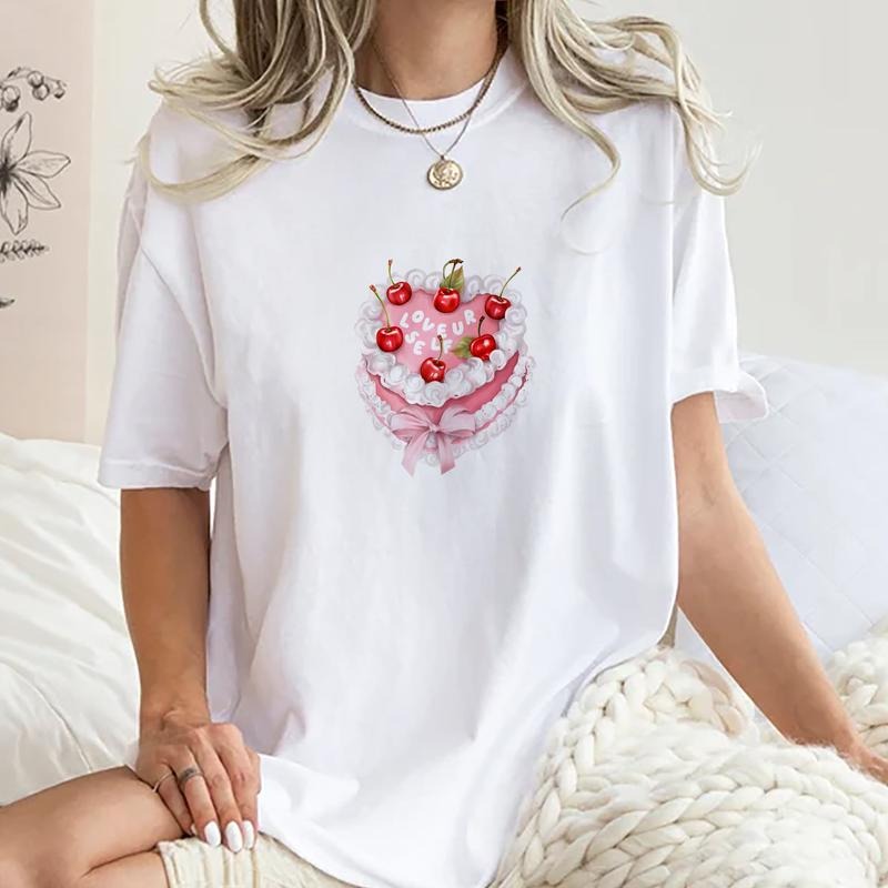 Pink Cherry Cake Vintage Tee, Coquette Cherry Cake Vintage Graphic Tee Women, Pink Coquette Unhinged Shirts For Women,...