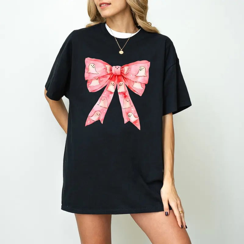 Pink Ghost T-Shirt, Coquette Halloween T-Shirt, Pink Bow Shirt, Fall Sweatshirt, Spooky Season Shirt, Cute Ghost Shirt,...
