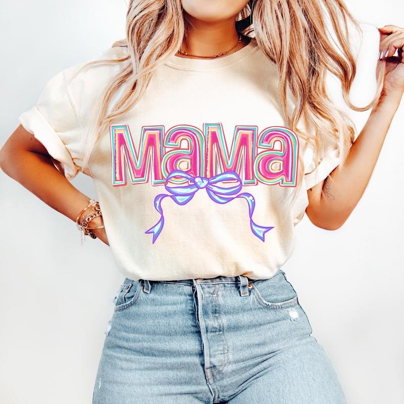 Pink Mama Coquette Bow T-Shirt, Mama Bow Shirt, Hand Drawn, Gift for mom Cotton Fabric Womenswear Hoodie, Sweatshirt