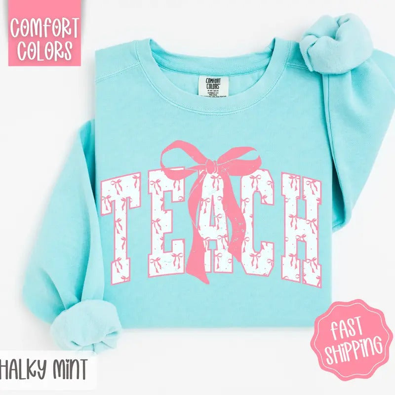 Pink Teacher Bow Comfort Colors Sweatshirt, Women's Crewneck, Cute Women's Sweater T-Shirts, Hoodie | RetroVerseTees.com