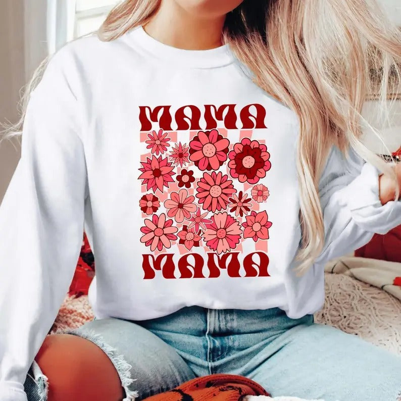 Premium  Checkered Mama Sweatshirt, Floral Mama Shirt, Wildflowers Mama Shirt, Mothers Day Gift, Aesthetic, Trendy Mom...