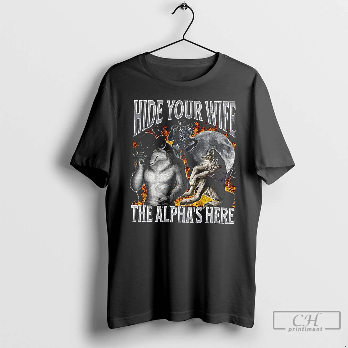 Premium Funny Werewolf Hide Your Wife The Alpha Is Here T-Shirts, Hoodie, Sweatshirt | RetroVerseTees.com