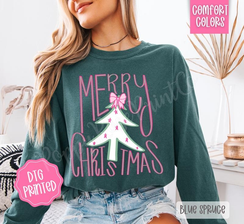 Preppy Merry Christmas Comfort Colors Long Sleeve T-Shirt, Cute Women's Holiday Tee Hoodie, Sweatshirt | RetroVerseTees.com