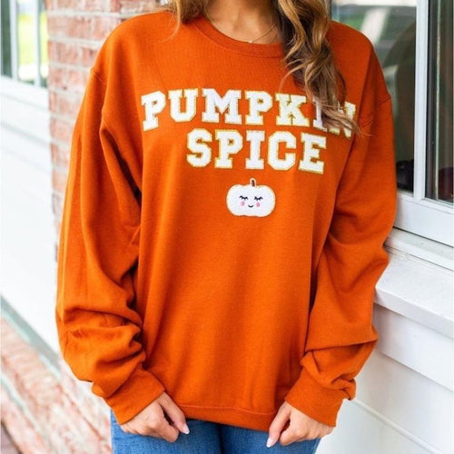 'Pumpkin Spice' Letter Patch Crewneck Sweatshirt T-Shirts, Hoodie | RetroVerseTees.com