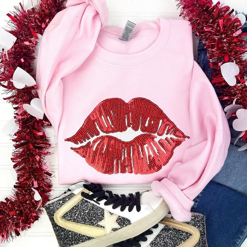 Red Sequin Lips Patch Sweatshirt -- LIGHT PINK T-Shirts, Hoodie | RetroVerseTees.com