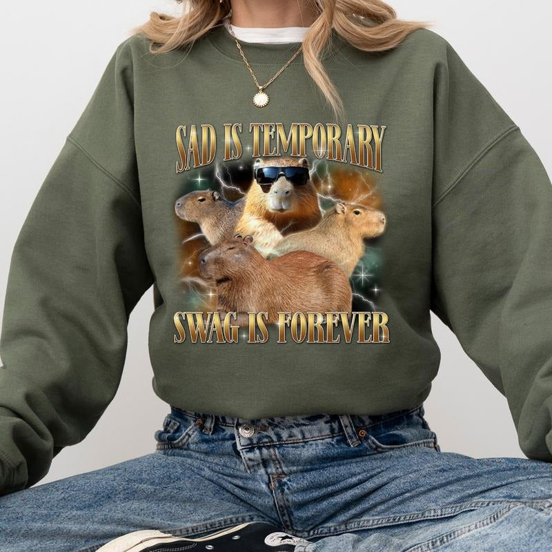 Retro Bootleg Capybara Sweatshirt for Women, Sad Is Temporary Swag is Forever Tops, Funny Vintage 90s Graphic Pullover,...