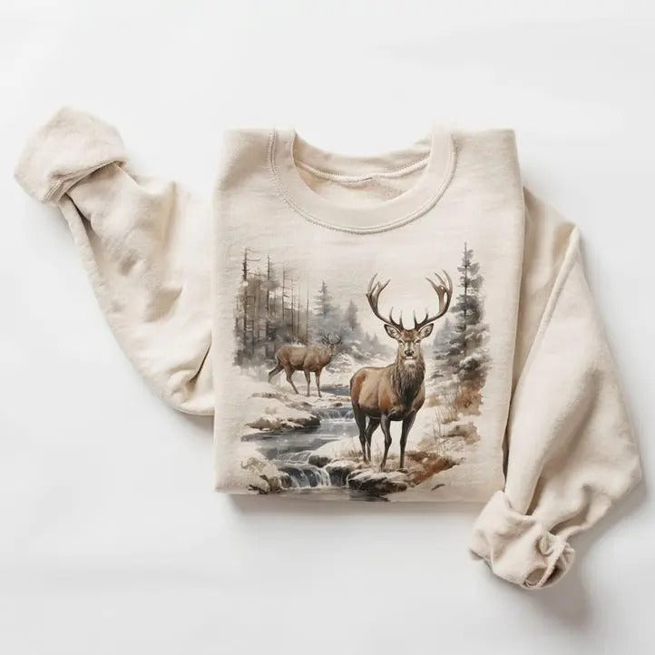 Retro Deer Wilderness Scene Sweatshirt, Nineties Vintage Buck And Doe Deer Outfit, Boho Unisex Crewneck Sweatshirt Tops...