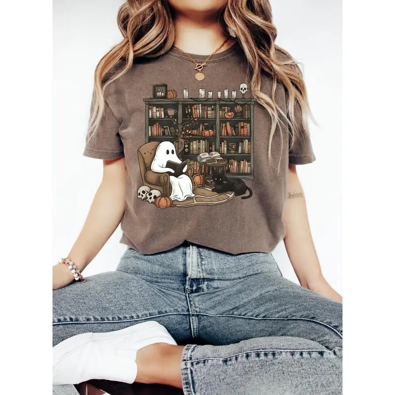 Retro Ghost Reading Book Shirt, Ghost Halloween Shirt, Teacher Graphic Tee, Women Fall T-Shirt, Spooky season Book Lover...