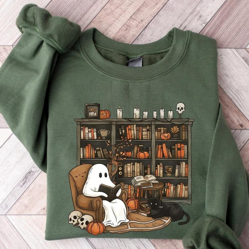 Retro Ghost Reading Books Sweatshirt, T-Shirt, Hoodie, Librarian Ghost Halloween, Halloween Teacher Sweatshirt, Halloween...