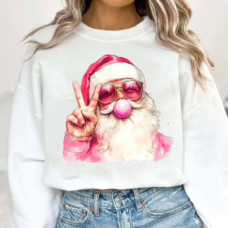 Retro Santa Christmas Blowing Bubble Shirt, Vintage Merry Christmas Shirt, Funny Santa With Sunglasses Xmas Holiday...