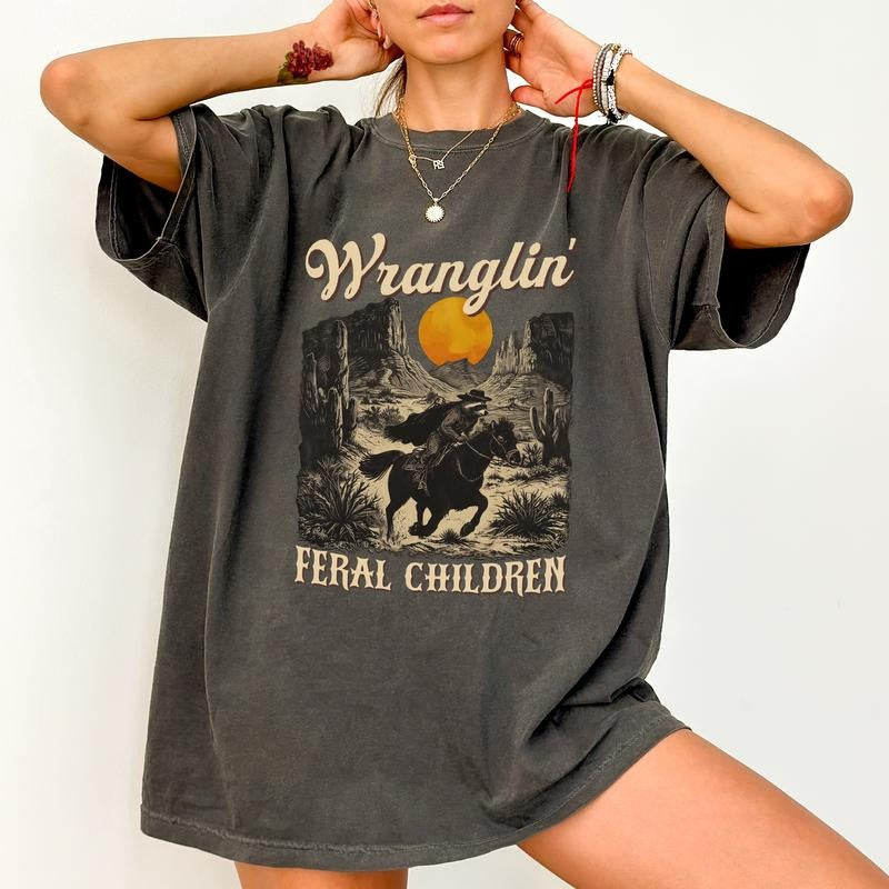Retro Wranglin' Feral Children Comfort Colors Shirt, Vintage Raccoon 90s Western Unisex T-shirt, Funny Meme Cowboy...