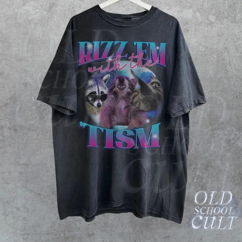 Rizz Em With The Tism Retro Shirt, Vintage Funny Raccoon Graphic Shirt, Autism Awareness, Raccoon Meme Tee, Relaxed Soft...