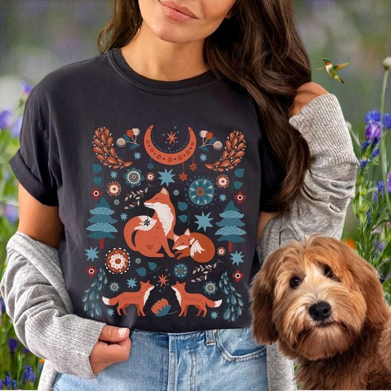 Scandinavian Fox T Shirt Hoodie Sweater, T Shirt, Cottagecore Clothes, Norwegian Folk Art, Nordic Crewneck, Cottage Core,...