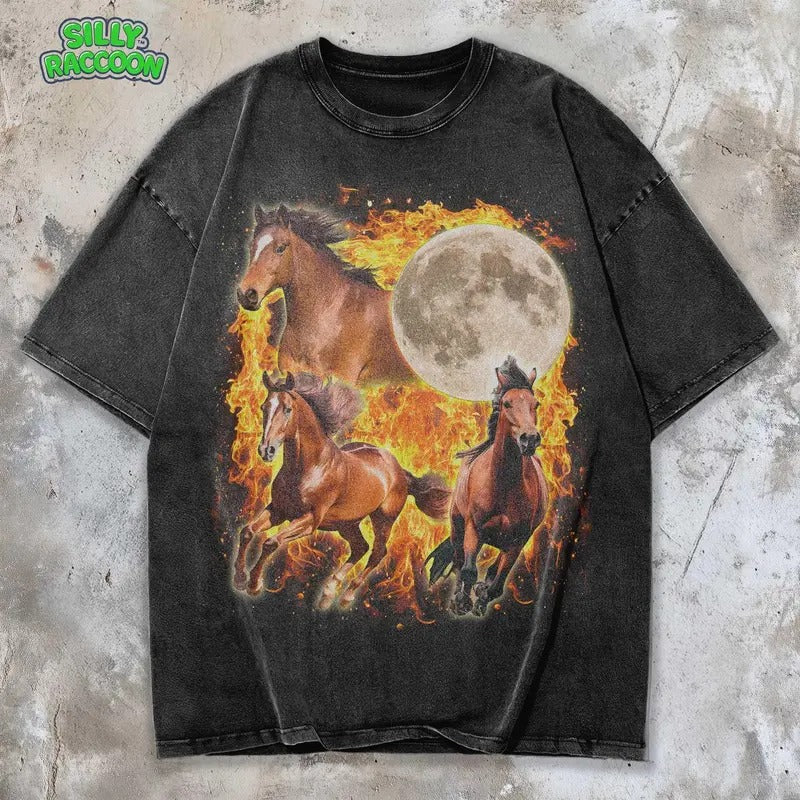 Silly Raccoon Wild Horse Vintage T-Shirt Moonlit Grunge Tee for Western Horse Lovers Cotton Crewneck Unisex Top Apparel...