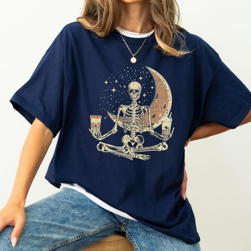 Skeleton Yoga, Coffee, Moon, Retro, Aesthetic, Vintage, Comfort Colors Tshirt, Women's Crew Neck, Crewneck Hoodie, Sweatshirt