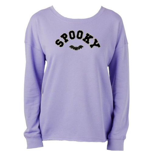 'Spooky Sequin Bat' Letter Patch Raw Edge Halloween Crew T-Shirts, Hoodie, Sweatshirt | RetroVerseTees.com