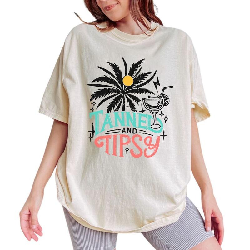 Tanned And Tipsy Shirt, Summer Vintage Graphic Tee Women, Summer Vacation Printed Tops, Seasonal Shirt For Women, Comfy...