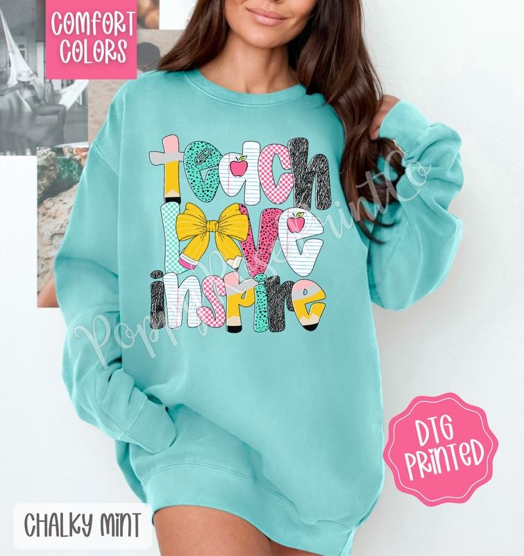 Teach Love Inspire Comfort Colors Sweatshirt, Cute Teacher Sweater, Trendy Bow Crewneck, Gift for Her T-Shirts, Hoodie