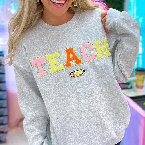 'Teacher's Pencil' Letter Patch Sweatshirt T-Shirts, Hoodie | RetroVerseTees.com