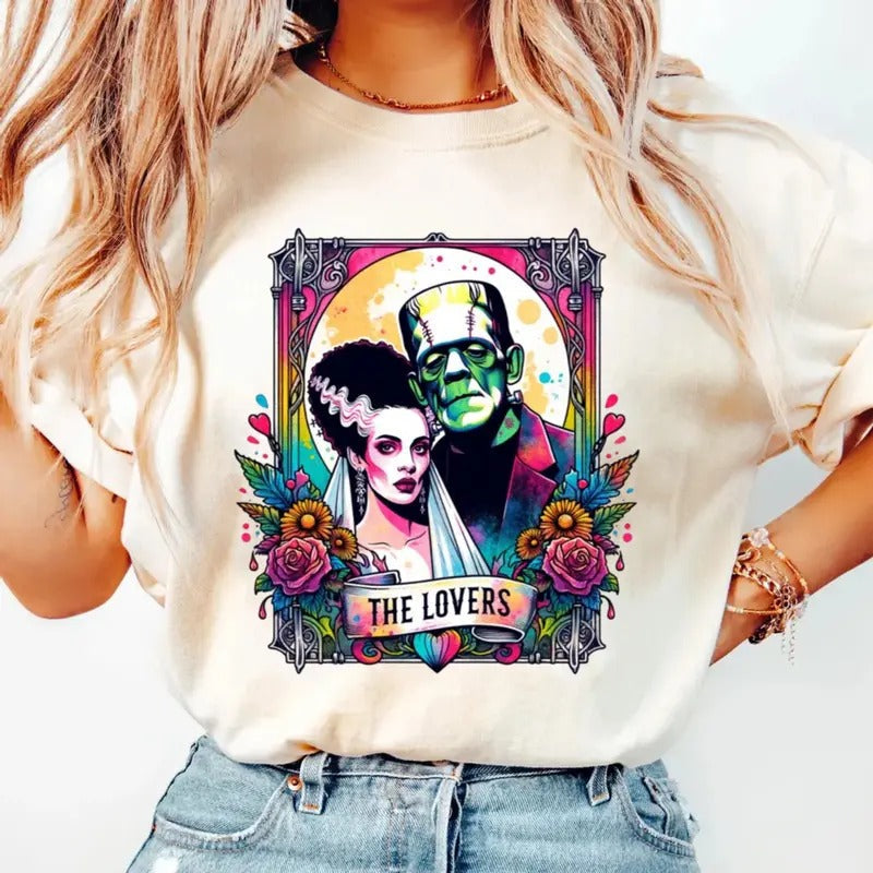 The Lovers Tarot Horror Neon Bleached T Shirt, Frankenstein Shirt, Bride Of Frankenstein, Monster Shirt, Victor...