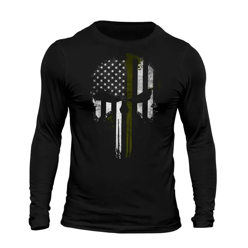 Thin Green Line Flag Skull Patriotic USA Army Men's Long Sleeve T-Shirt Casual Classic Hoodie, Sweatshirt