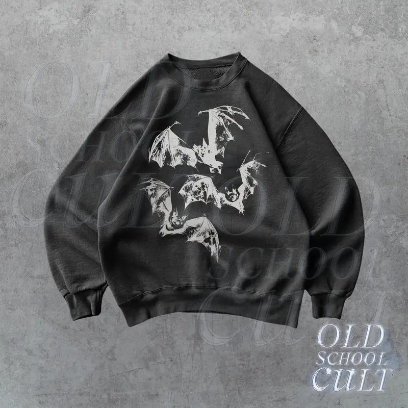 Three Bats Y2k Sweatshirt, Vintage 90s Style Bat Sweater, Retro Gothic Hoodie, Unisex Adult Grunge 2000s Halloween Dark...