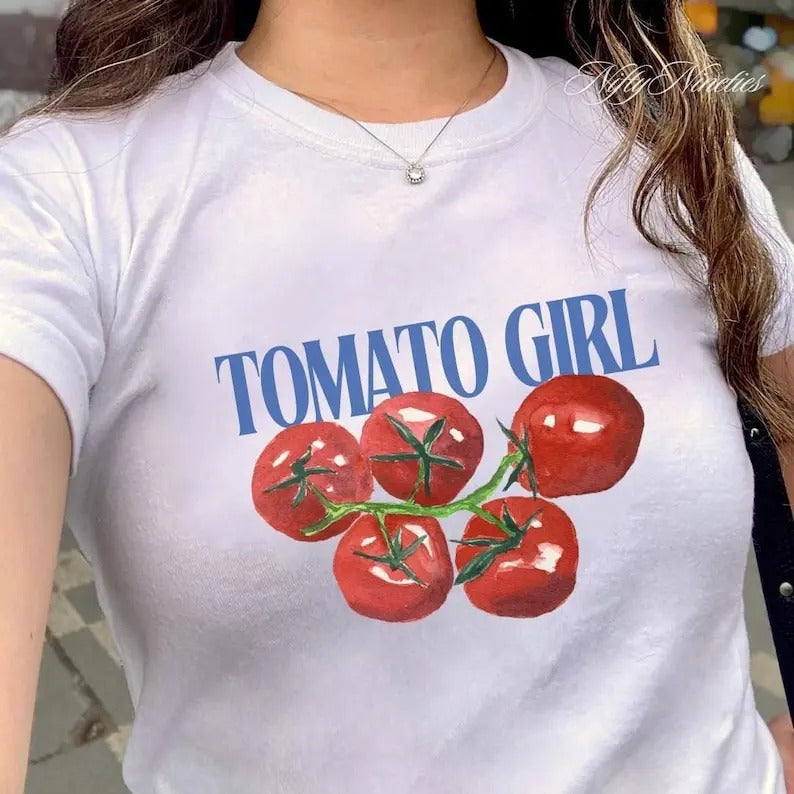 Tomato Girl Baby Tee, Fruit Shirt, Vintage Graphic Top, Cottagecore Style Shirt, Retro Graphic, 90s Top, Babytee Y2K...