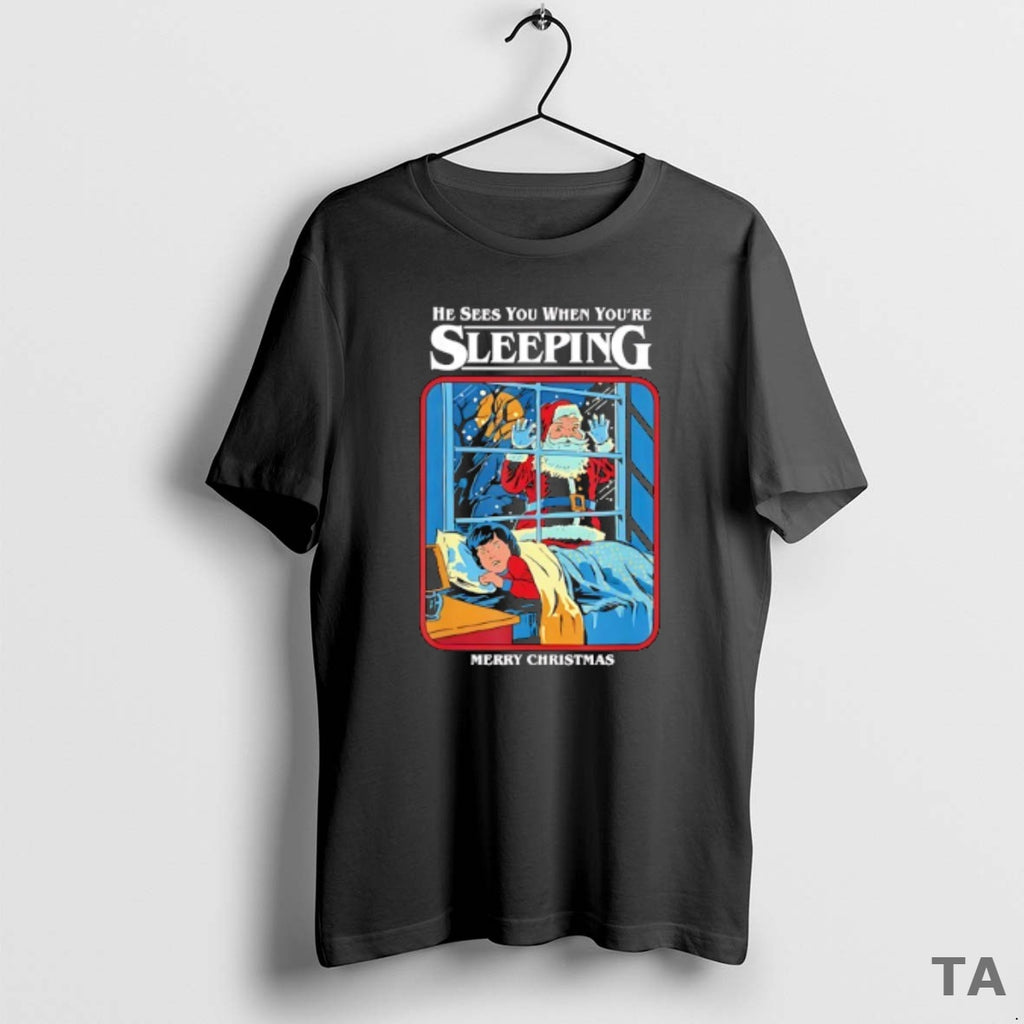 Top Santa Outside Window He Sees You When Youre Sleeping Merry Christmas T Shirt Sweater Hoodie, Sweatshirt