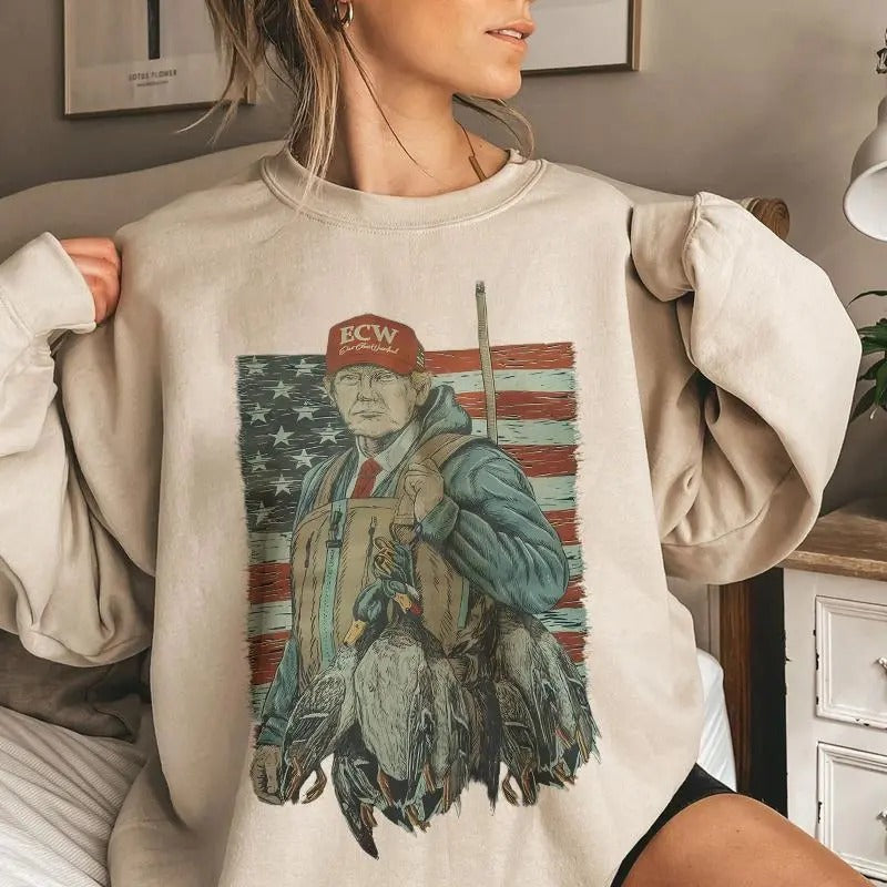 Tr4mp Hunting Season Retro USA Flag Cotton Unisex Sweatshirt Womenswear Check T-Shirts, Hoodie | RetroVerseTees.com