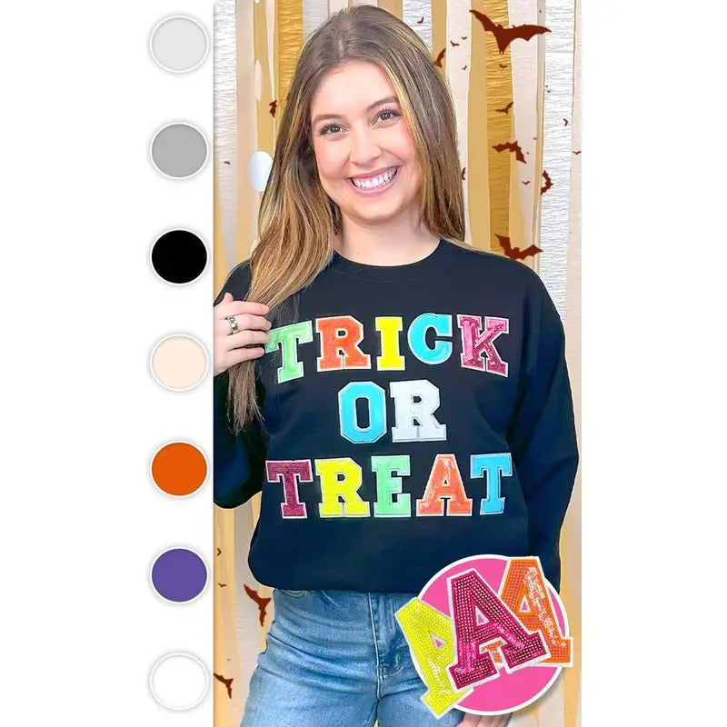 Trick or Treat Sequin Graphic Sweatshirt T-Shirts, Hoodie | RetroVerseTees.com
