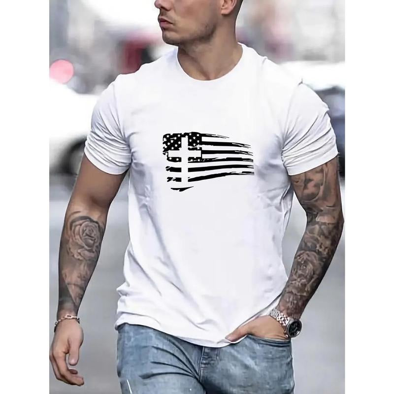 USA Flag & Cross Print Men's Short Sleeve Crew Neck T-Shirts, Comfy Breathable Casual Elastic Tops, Men's Clothing Made...
