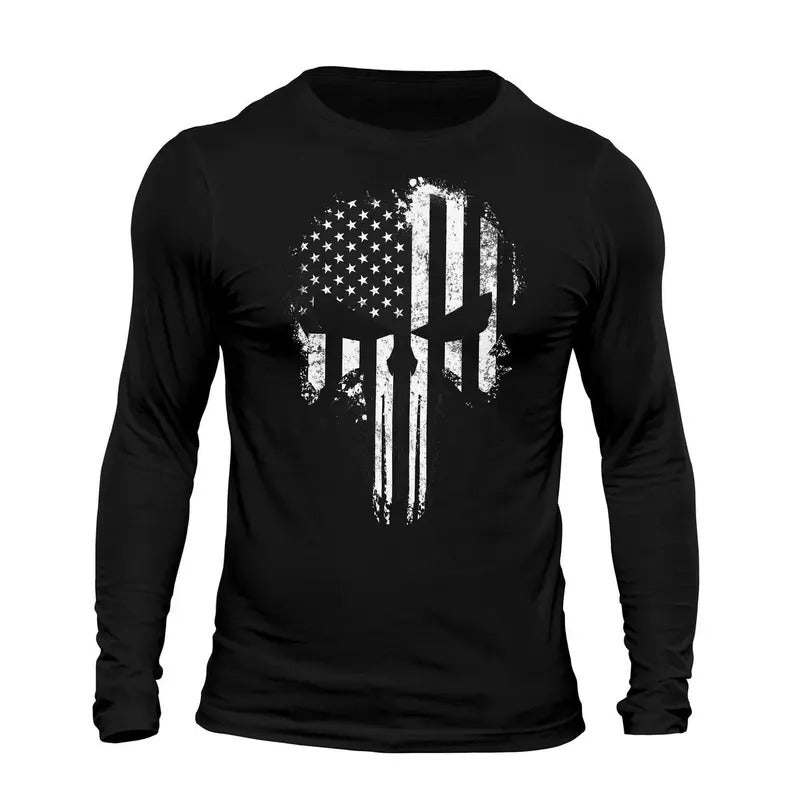 USA Flag Tactical B&W Skull Long Sleeve Men's T-Shirt Casual Classic Hoodie, Sweatshirt | RetroVerseTees.com