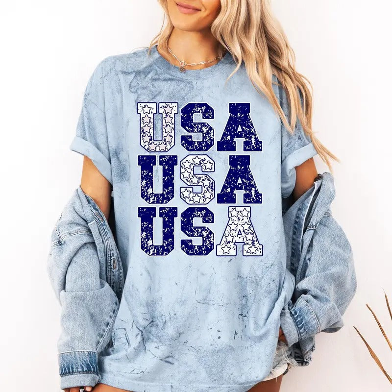USA, Retro Patriotic, America, Stars, Blue, 4th of July, Color Blast Tshirt Comfort Colors T-Shirt, Women's Comfort...