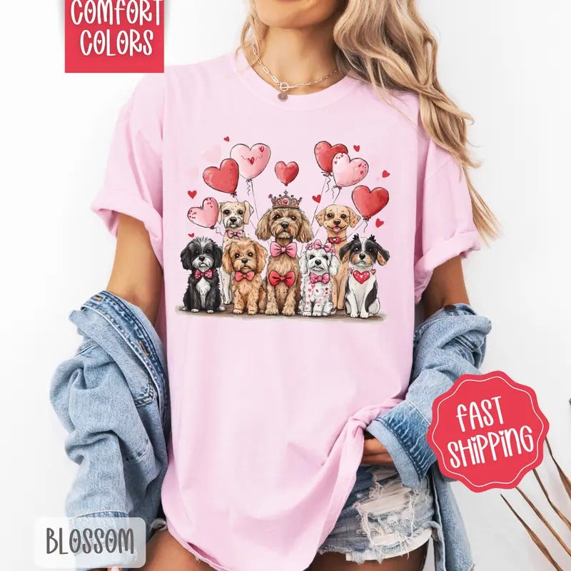 Valentine Dogs Shirt Comfort Colors, Valentine's Day Women's Tee, Cute Women's Tshirt Hoodie, Sweatshirt | RetroVerseTees.com