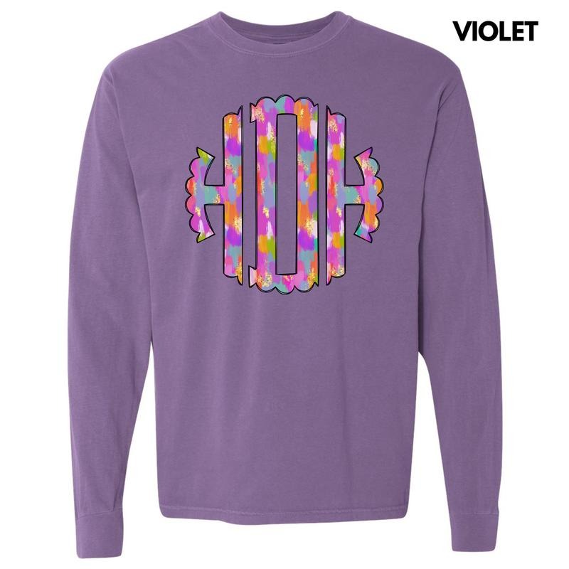 Vibrant Watercolor Monogram Long Sleeve Comfort Colors T-Shirt 'NLB' Hoodie, Sweatshirt | RetroVerseTees.com