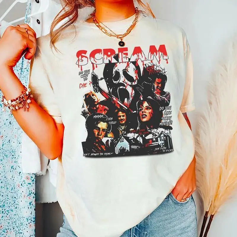Vintage 90S Scream Ghostface Horror Movie Halloween T-Shirt Available sizes S to 3XL Top Womenswear Hoodie, Sweatshirt
