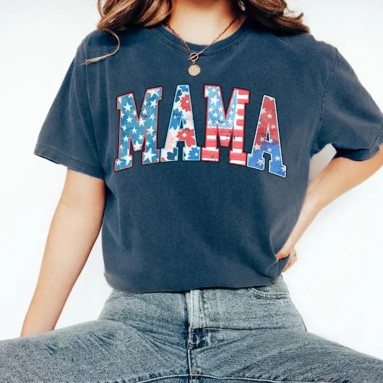 Vintage American Mama Mom Vibes T-Shirt, Unisex Cotton For Men, Casual Polyeste Crewneck Shortsleeve Hoodie, Sweatshirt