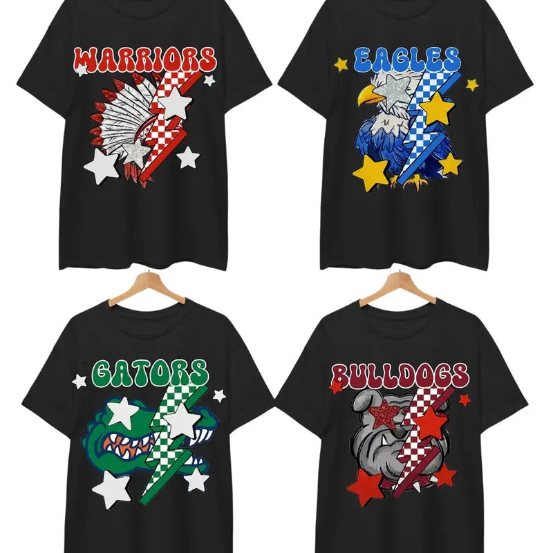 Vintage College Mascot Lightning Bolt-Checkered with Stars NCAA T-shirt, School Spirit Shirt, Football Preppy Mascot...