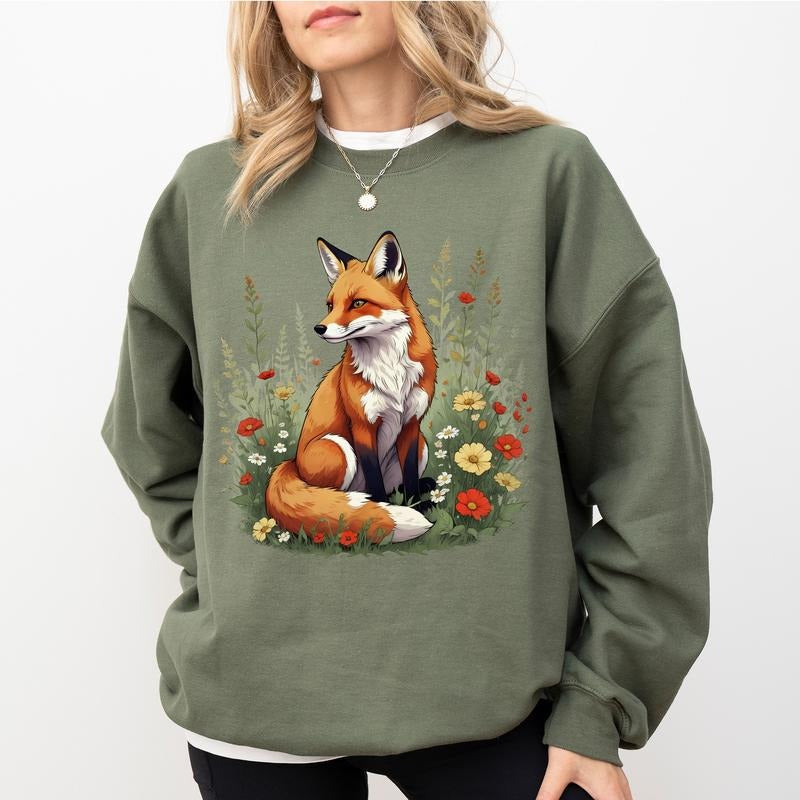 Vintage Flower Fox Sweatshirt, Fairycore Sweater, Cute Fox Crewneck, Forest Animal Long Sleeves Pullover, Gift for Her,...