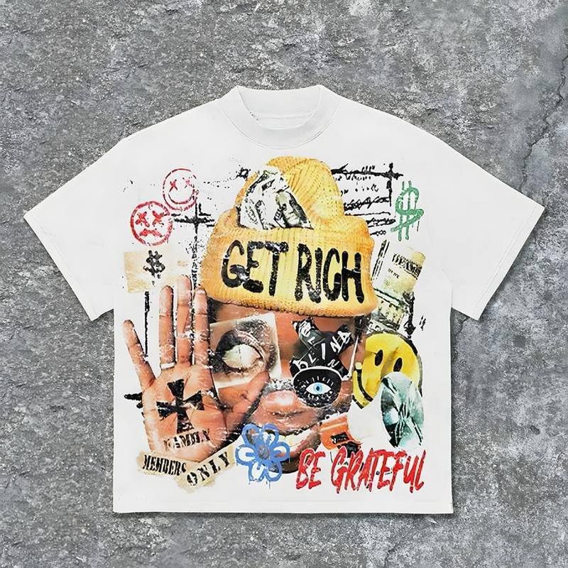 Vintage Get Rich Abstract Portrait Graphics Cotton T-Shirt Casual Oversized Y2k Streetwear Top Tee for Men Women Hoodie,...