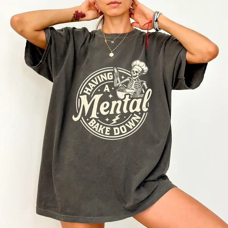 Vintage Having A Mental Bake Down Comfort Colors Shirt, Funny Cooking Tee, Chef Skeleton T-Shirt, Meme Gift Tee...