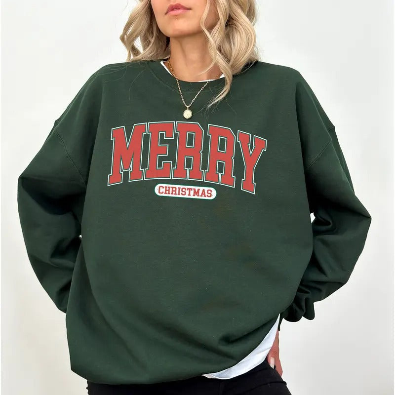 Vintage Merry Christmas Varsity Sweatshirt, Retro Merry Christmas Crewneck, Christmas Vibes Sweater, Holiday Long Sleeves...