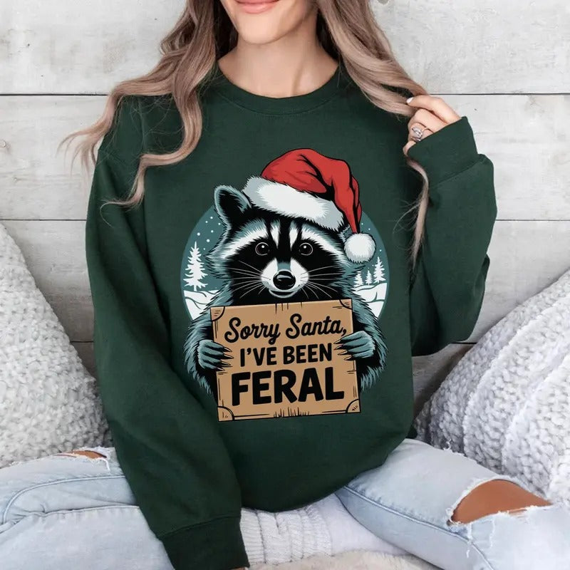 Vintage Retro Sorry Santa I've Been Feral Christmas Raccoon Funny Christmas Hoodie - Sweatshirt